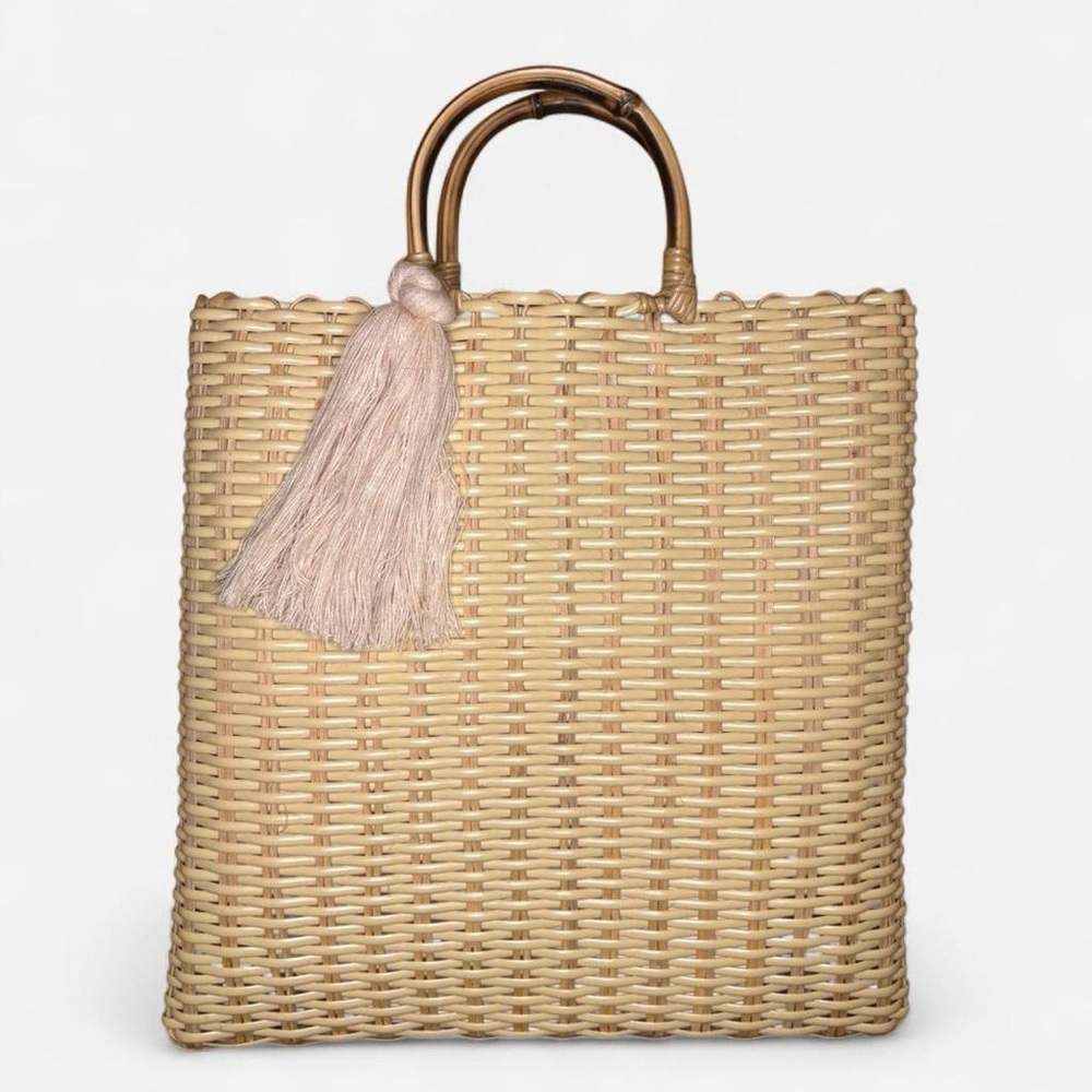 NANNA CAY Woven Straw Tote Bag w/ Bamboo Handles & Tassel / Summer Market Beach